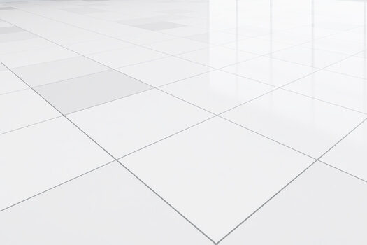 3d rendering of close up white tile floor in perspective view, empty space in room, window and light. Modern interior home design look clean, bright, shiny surface with texture pattern for background.